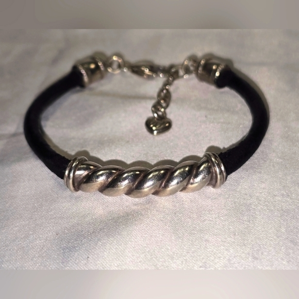 Brighton‎ Black Leather Cord Silver Tone Twist Bracelet Heart Charm Jewelry